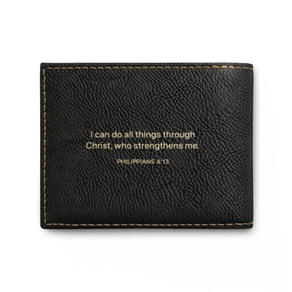Leather Bi-Fold Wallet with Cross & Philippians 4:13 Engraving