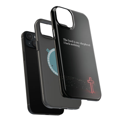 Christian Phone Case — “The Lord Is My Shepherd I Lack Nothing” Neon Cross Magnetic Impact Case