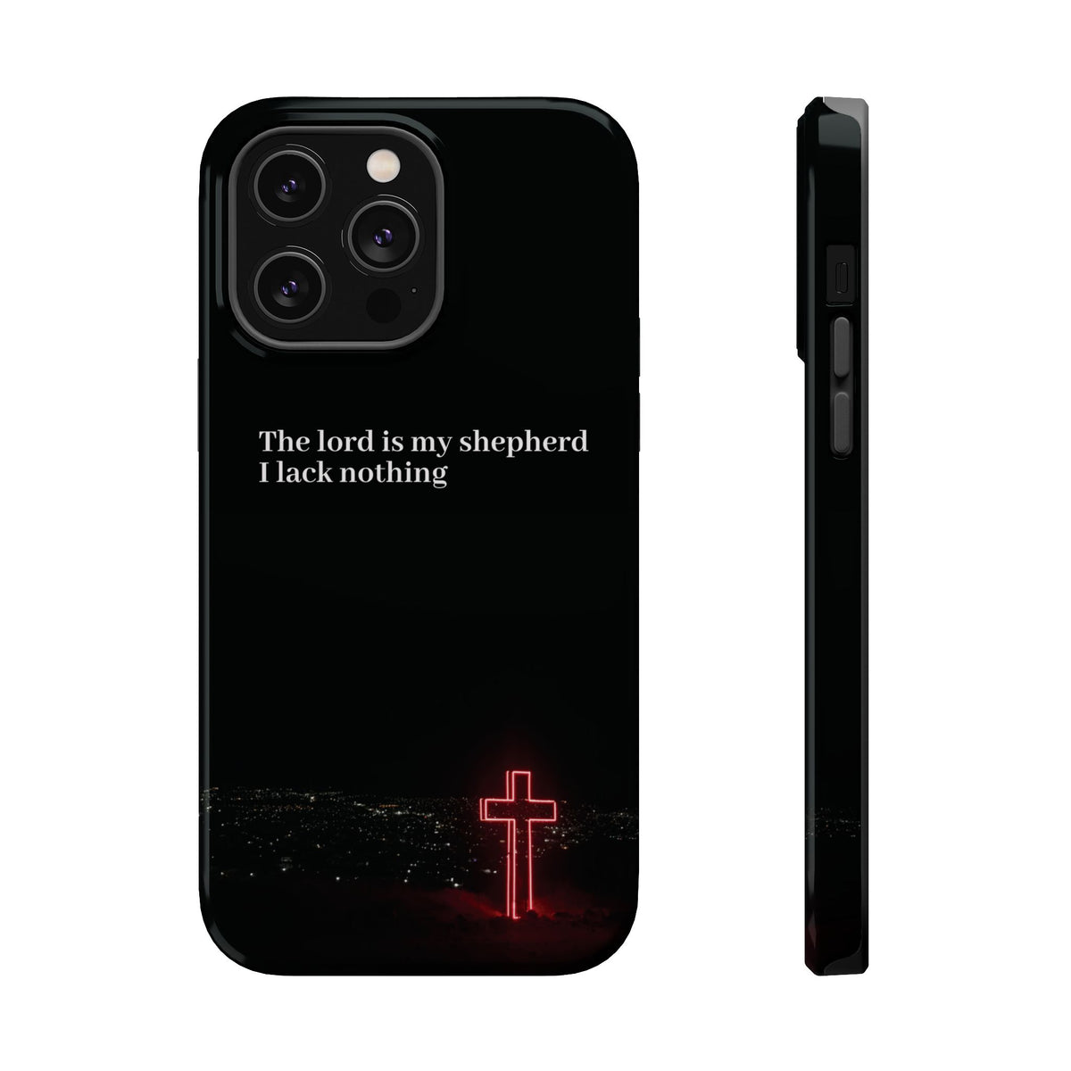 Christian Phone Case — “The Lord Is My Shepherd I Lack Nothing” Neon Cross Magnetic Impact Case