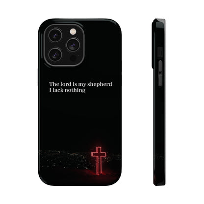 Christian Phone Case — “The Lord Is My Shepherd I Lack Nothing” Neon Cross Magnetic Impact Case