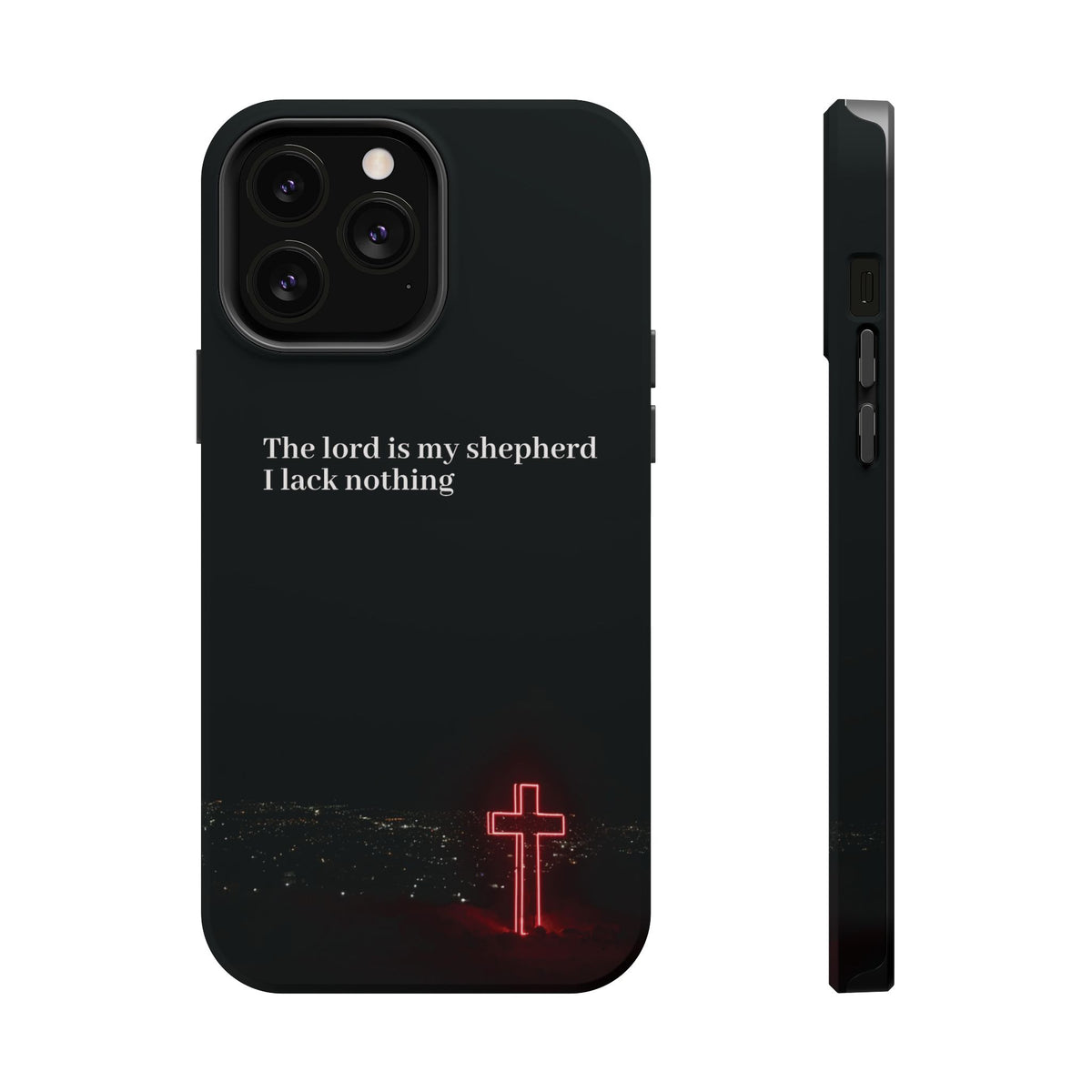 Christian Phone Case — “The Lord Is My Shepherd I Lack Nothing” Neon Cross Magnetic Impact Case