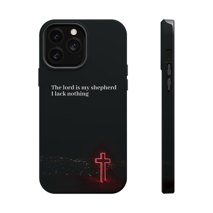 Christian Phone Case — “The Lord Is My Shepherd I Lack Nothing” Neon Cross Magnetic Impact Case