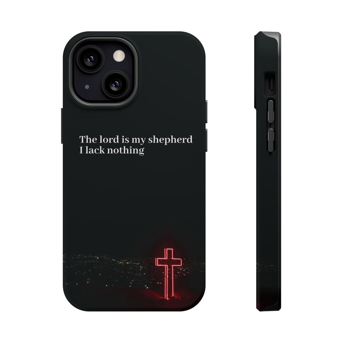 Christian Phone Case — “The Lord Is My Shepherd I Lack Nothing” Neon Cross Magnetic Impact Case