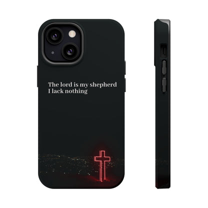 Christian Phone Case — “The Lord Is My Shepherd I Lack Nothing” Neon Cross Magnetic Impact Case