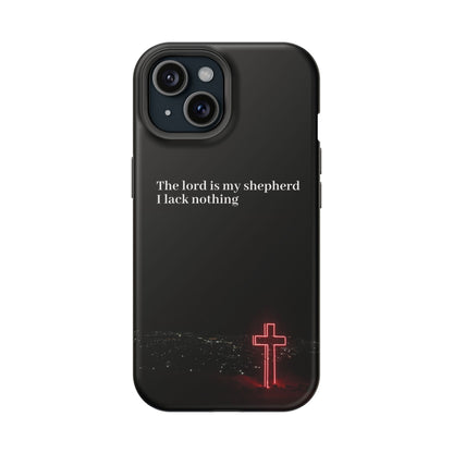 Christian Phone Case — “The Lord Is My Shepherd I Lack Nothing” Neon Cross Magnetic Impact Case