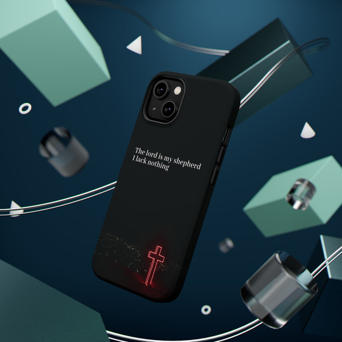 Christian Phone Case — “The Lord Is My Shepherd I Lack Nothing” Neon Cross Magnetic Impact Case
