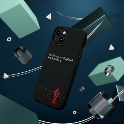 Christian Phone Case — “The Lord Is My Shepherd I Lack Nothing” Neon Cross Magnetic Impact Case