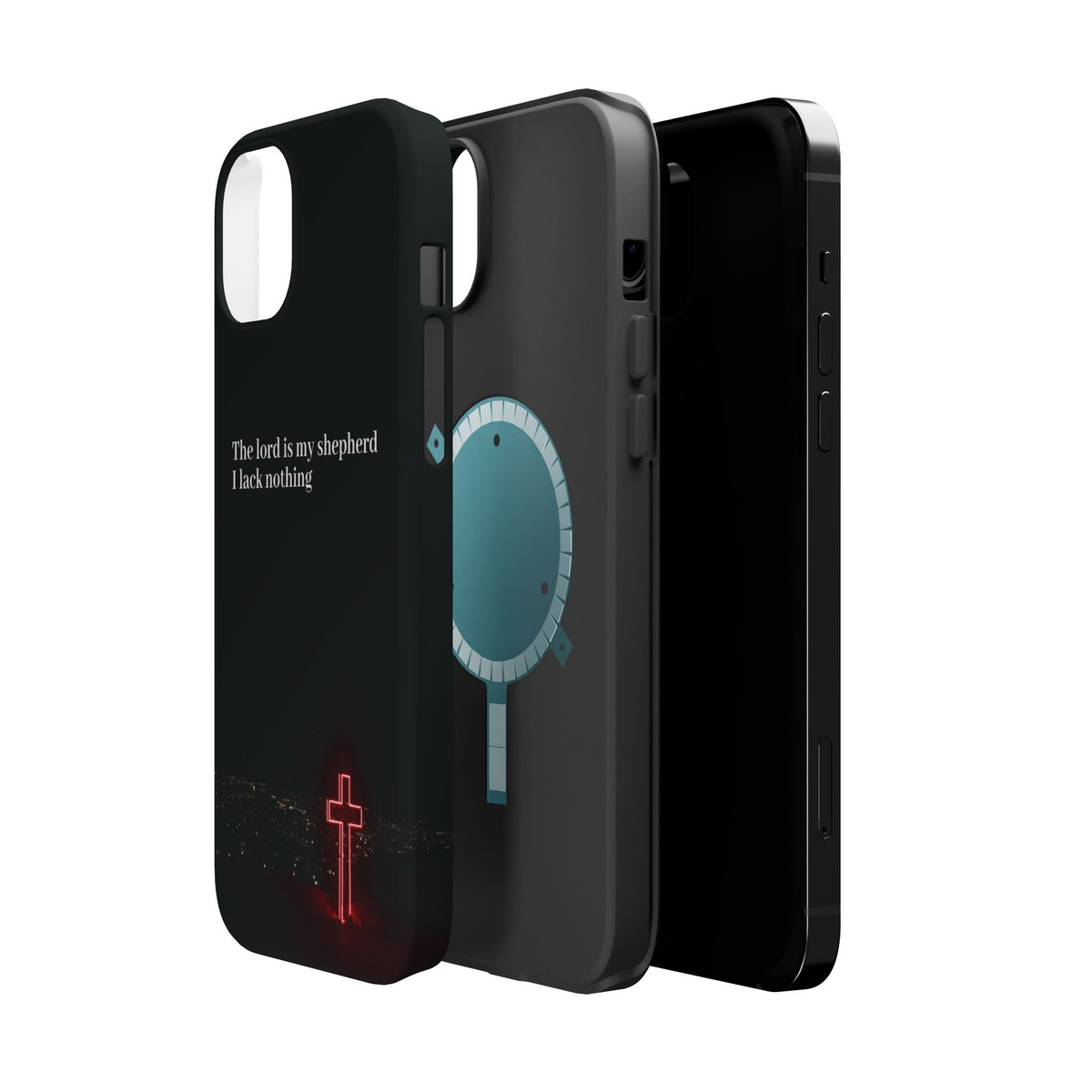 Christian Phone Case — “The Lord Is My Shepherd I Lack Nothing” Neon Cross Magnetic Impact Case