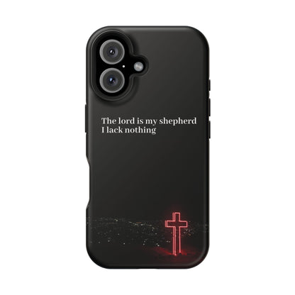 Christian Phone Case — “The Lord Is My Shepherd I Lack Nothing” Neon Cross Magnetic Impact Case