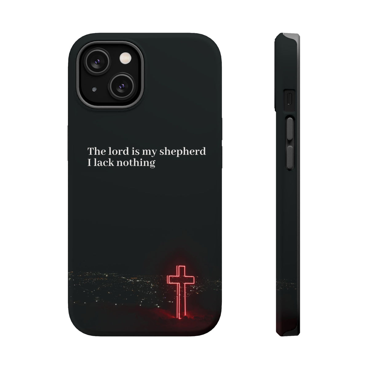Christian Phone Case — “The Lord Is My Shepherd I Lack Nothing” Neon Cross Magnetic Impact Case
