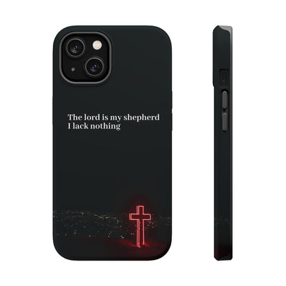 Christian Phone Case — “The Lord Is My Shepherd I Lack Nothing” Neon Cross Magnetic Impact Case