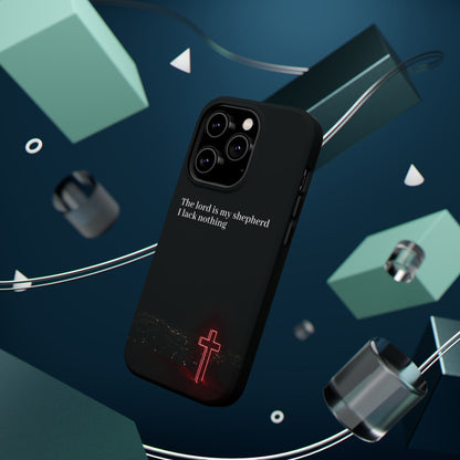 Christian Phone Case — “The Lord Is My Shepherd I Lack Nothing” Neon Cross Magnetic Impact Case