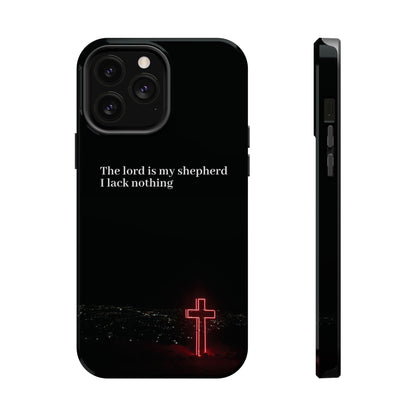 Christian Phone Case — “The Lord Is My Shepherd I Lack Nothing” Neon Cross Magnetic Impact Case