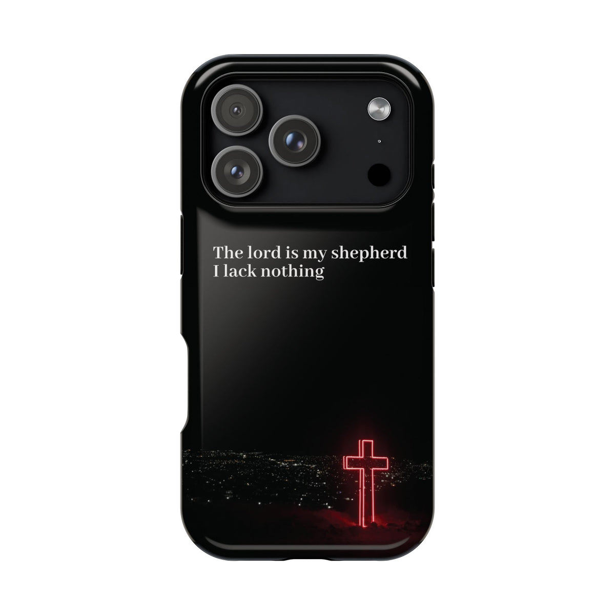 Christian Phone Case — “The Lord Is My Shepherd I Lack Nothing” Neon Cross Magnetic Impact Case