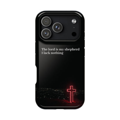 Christian Phone Case — “The Lord Is My Shepherd I Lack Nothing” Neon Cross Magnetic Impact Case