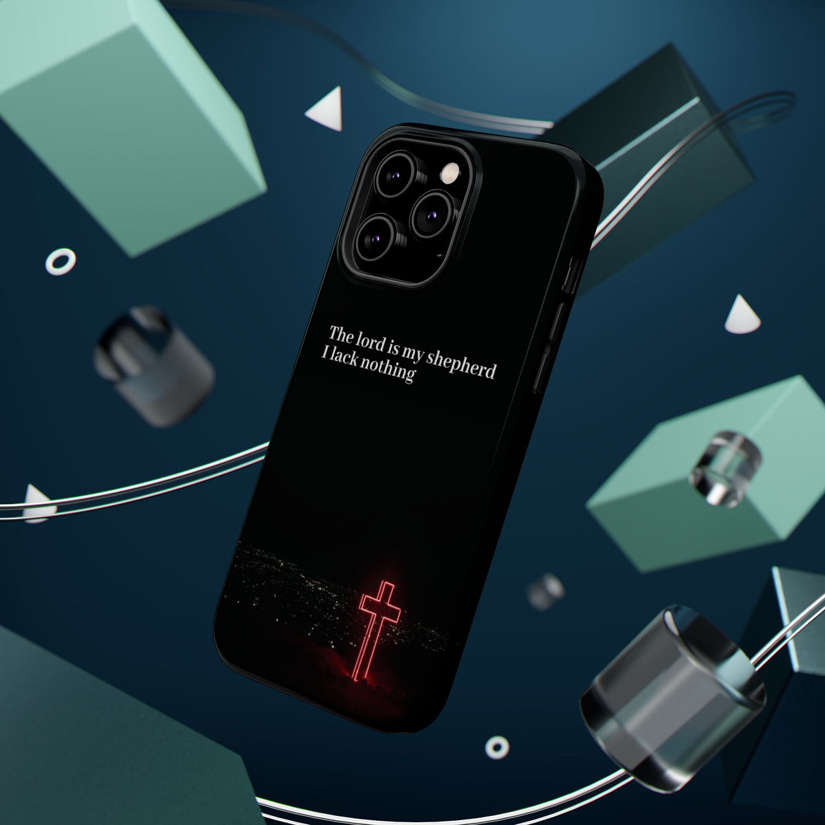 Christian Phone Case — “The Lord Is My Shepherd I Lack Nothing” Neon Cross Magnetic Impact Case