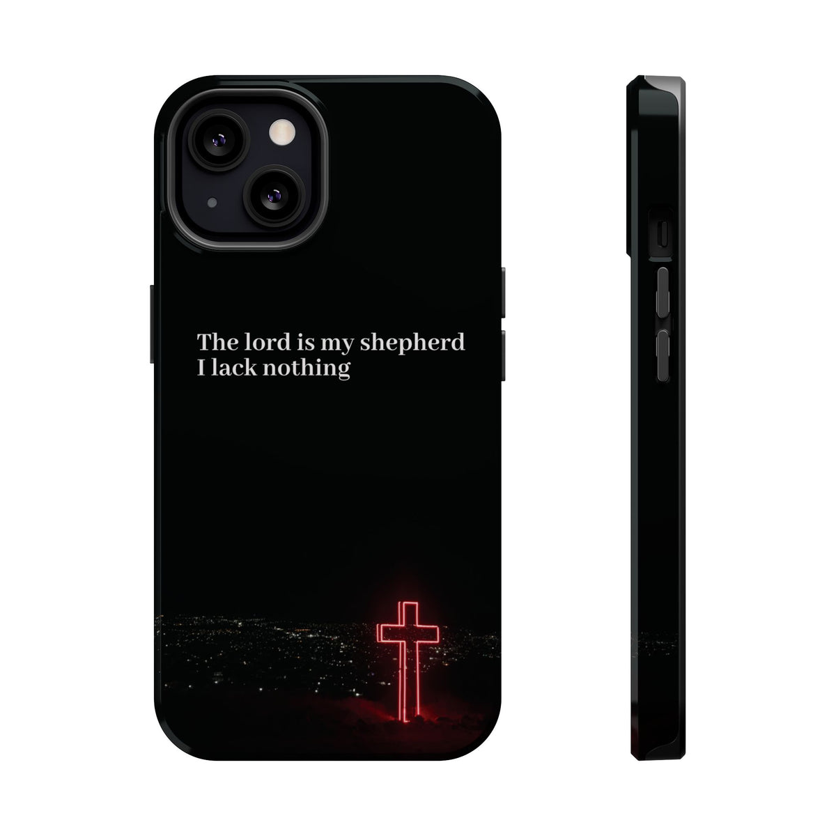 Christian Phone Case — “The Lord Is My Shepherd I Lack Nothing” Neon Cross Magnetic Impact Case