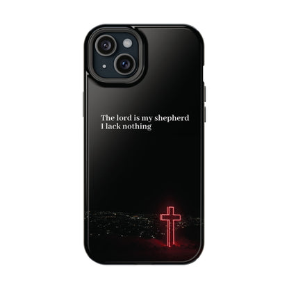 Christian Phone Case — “The Lord Is My Shepherd I Lack Nothing” Neon Cross Magnetic Impact Case