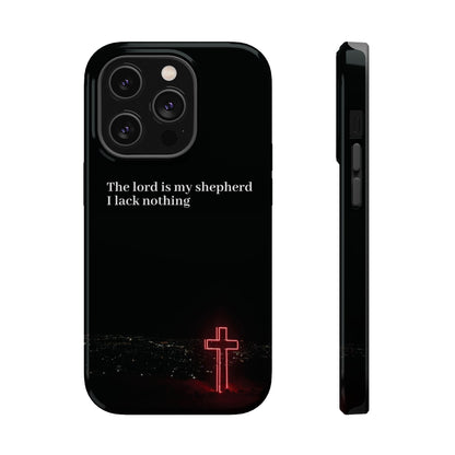Christian Phone Case — “The Lord Is My Shepherd I Lack Nothing” Neon Cross Magnetic Impact Case
