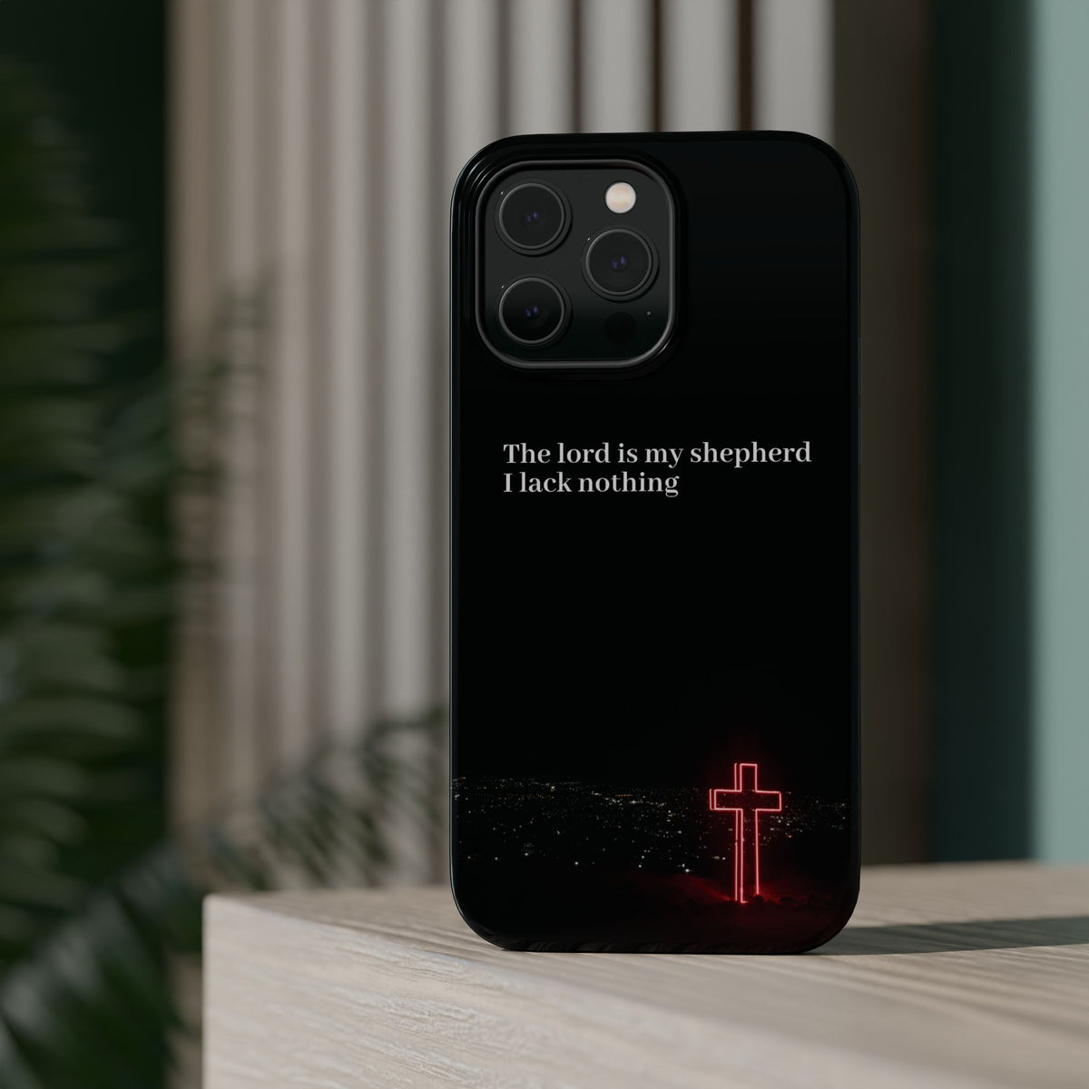 Christian Phone Case — “The Lord Is My Shepherd I Lack Nothing” Neon Cross Magnetic Impact Case