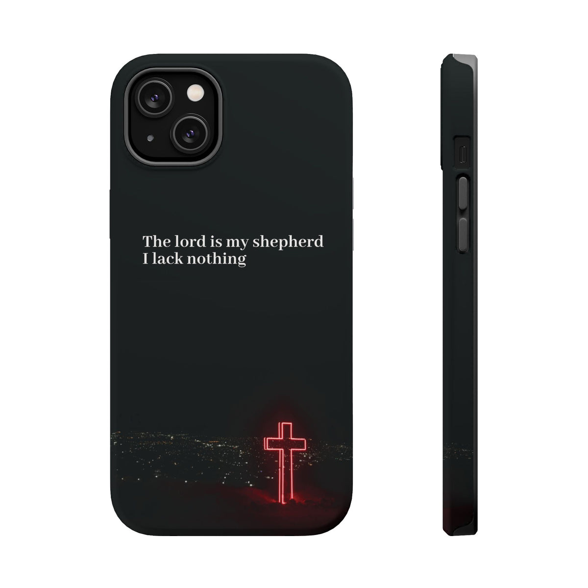 Christian Phone Case — “The Lord Is My Shepherd I Lack Nothing” Neon Cross Magnetic Impact Case