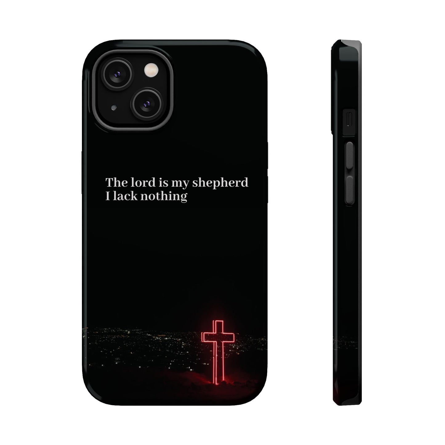 Christian Phone Case — “The Lord Is My Shepherd I Lack Nothing” Neon Cross Magnetic Impact Case