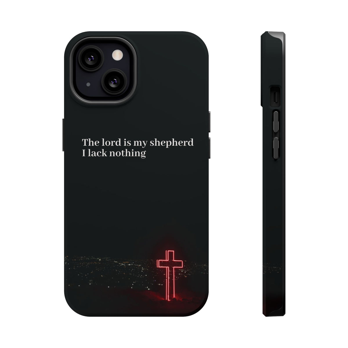 Christian Phone Case — “The Lord Is My Shepherd I Lack Nothing” Neon Cross Magnetic Impact Case