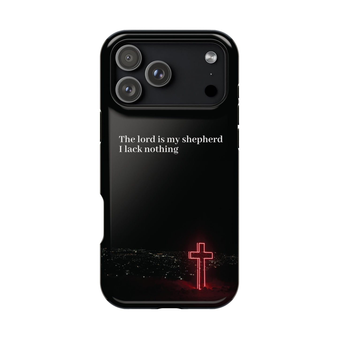 Christian Phone Case — “The Lord Is My Shepherd I Lack Nothing” Neon Cross Magnetic Impact Case