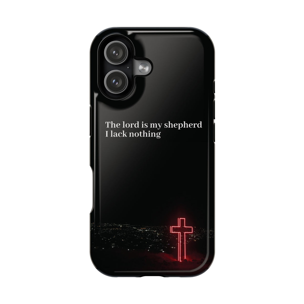 Christian Phone Case — “The Lord Is My Shepherd I Lack Nothing” Neon Cross Magnetic Impact Case