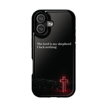 Christian Phone Case — “The Lord Is My Shepherd I Lack Nothing” Neon Cross Magnetic Impact Case