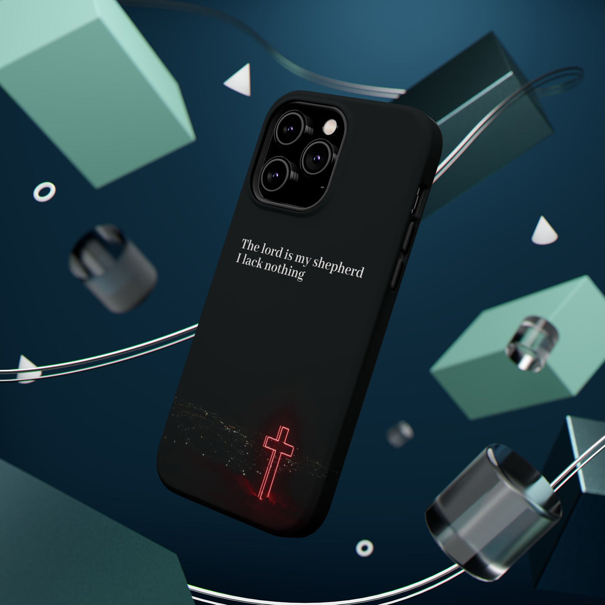 Christian Phone Case — “The Lord Is My Shepherd I Lack Nothing” Neon Cross Magnetic Impact Case