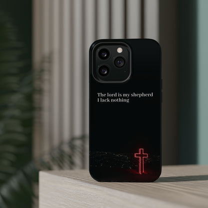 Christian Phone Case — “The Lord Is My Shepherd I Lack Nothing” Neon Cross Magnetic Impact Case