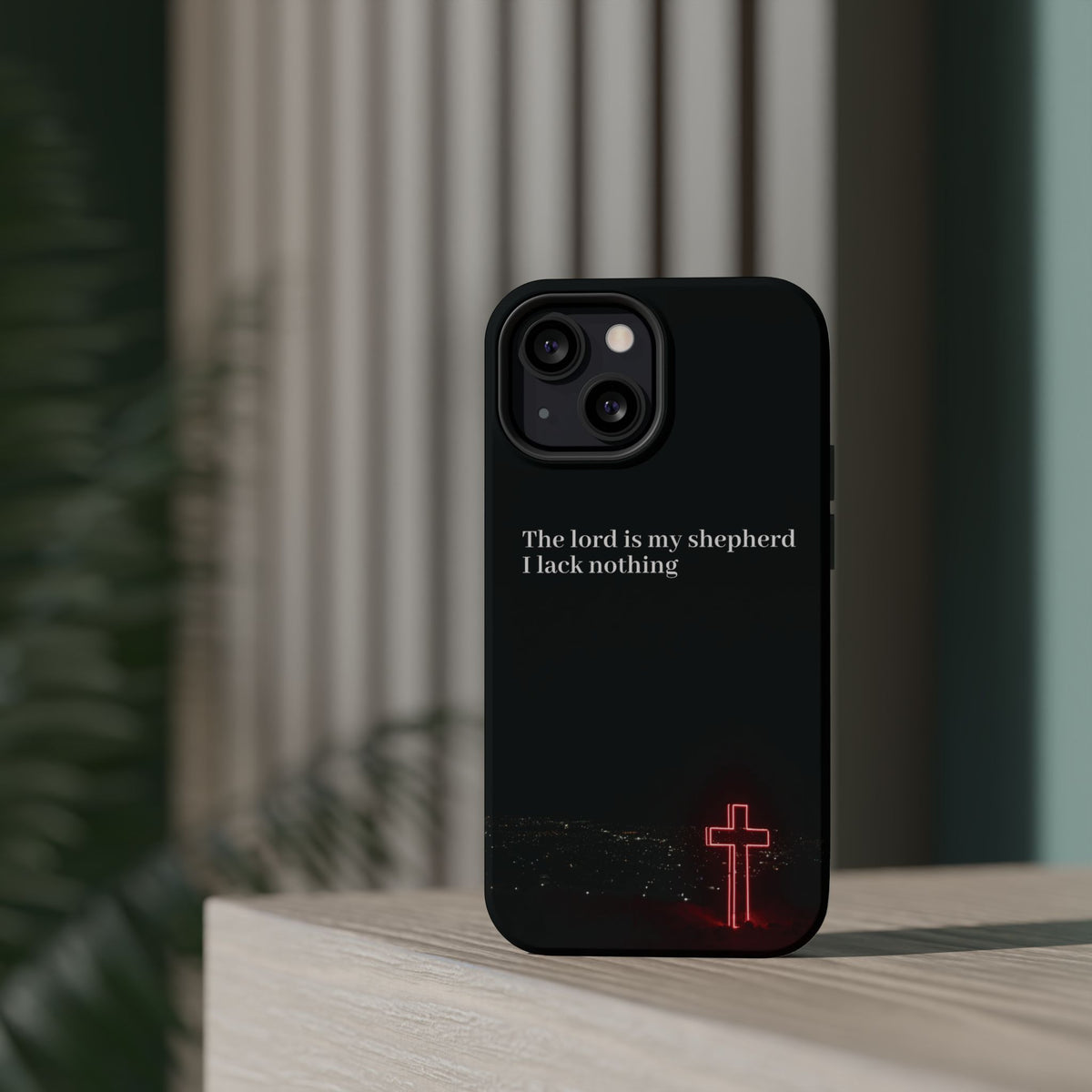 Christian Phone Case — “The Lord Is My Shepherd I Lack Nothing” Neon Cross Magnetic Impact Case