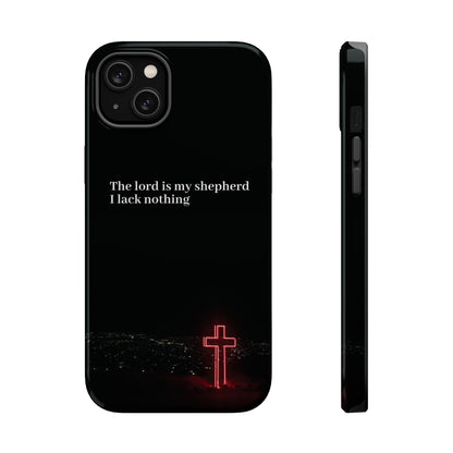Christian Phone Case — “The Lord Is My Shepherd I Lack Nothing” Neon Cross Magnetic Impact Case
