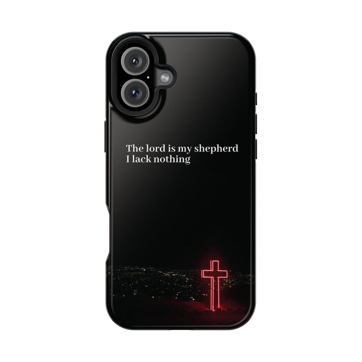 Christian Phone Case — “The Lord Is My Shepherd I Lack Nothing” Neon Cross Magnetic Impact Case