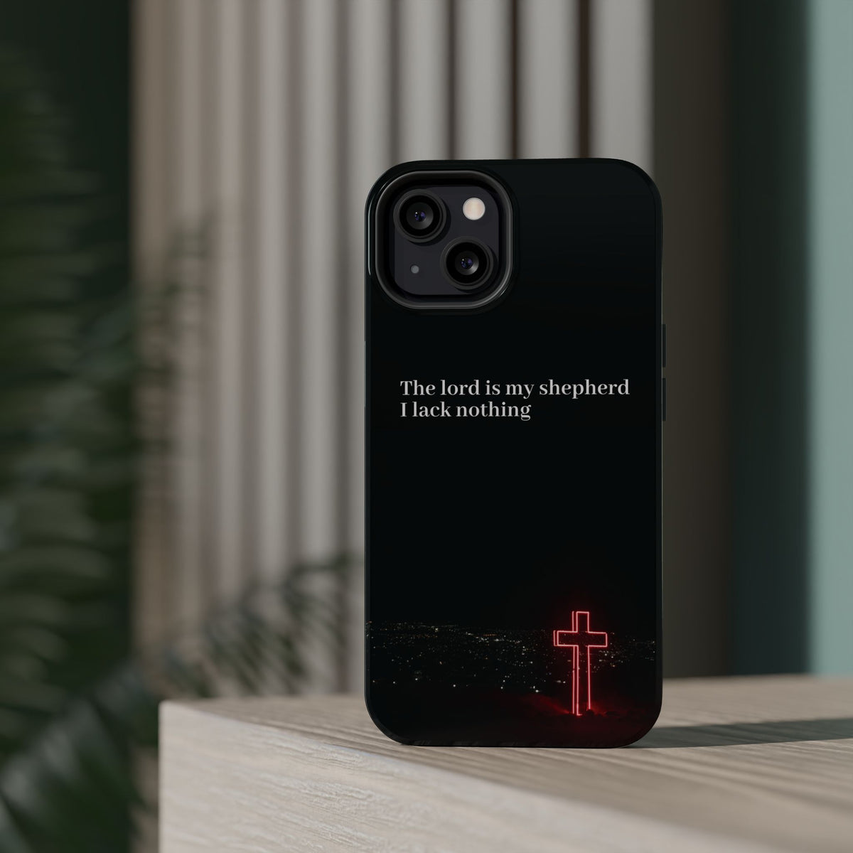 Christian Phone Case — “The Lord Is My Shepherd I Lack Nothing” Neon Cross Magnetic Impact Case