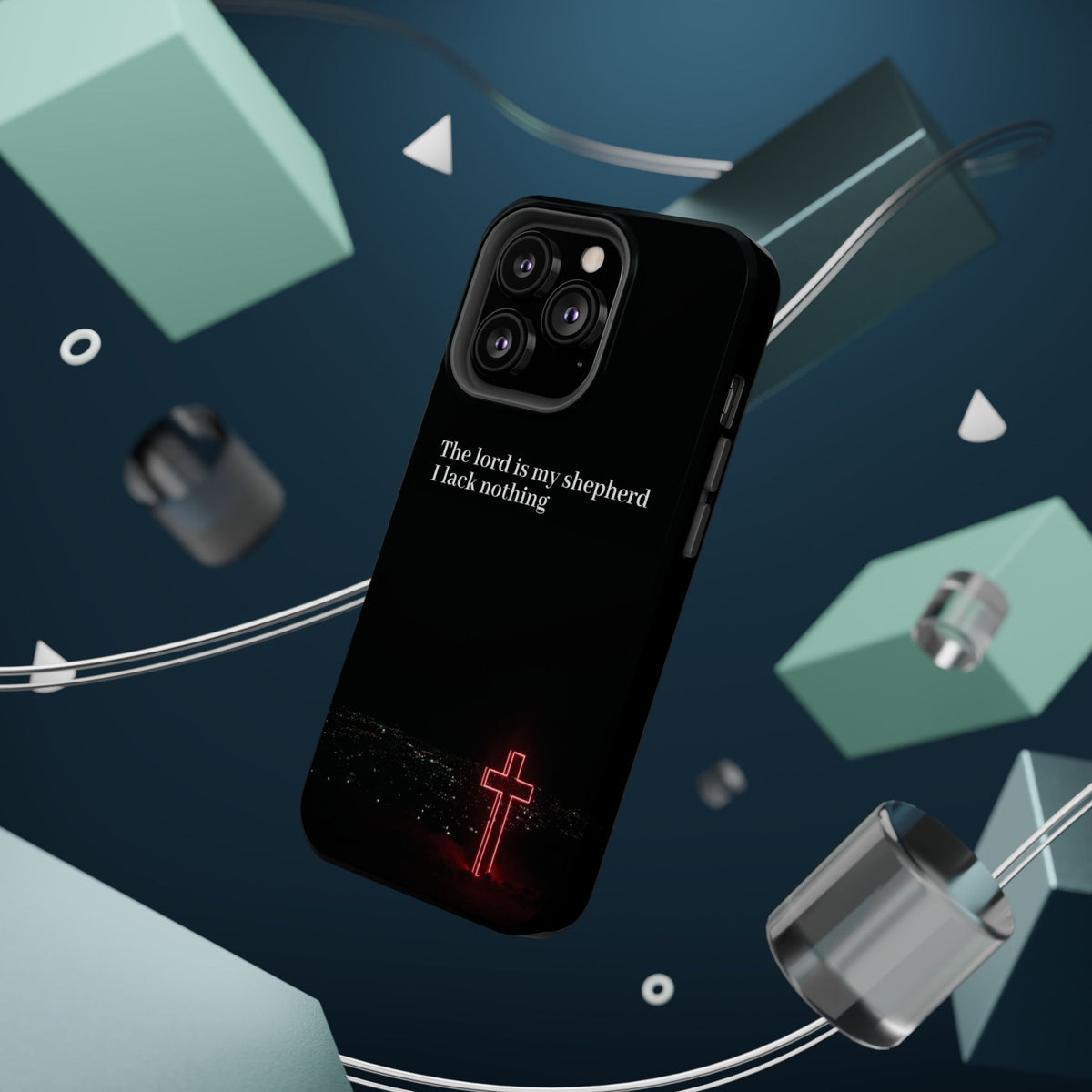 Christian Phone Case — “The Lord Is My Shepherd I Lack Nothing” Neon Cross Magnetic Impact Case