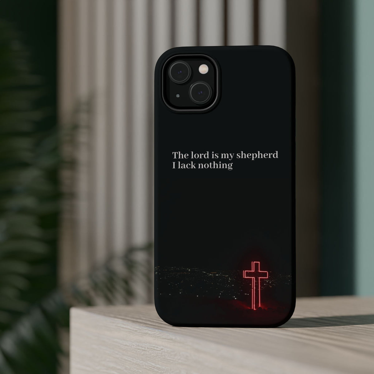 Christian Phone Case — “The Lord Is My Shepherd I Lack Nothing” Neon Cross Magnetic Impact Case