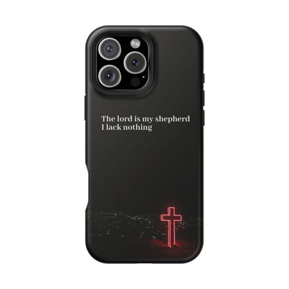 Christian Phone Case — “The Lord Is My Shepherd I Lack Nothing” Neon Cross Magnetic Impact Case