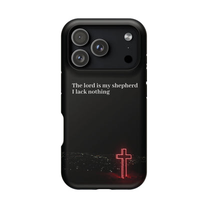 Christian Phone Case — “The Lord Is My Shepherd I Lack Nothing” Neon Cross Magnetic Impact Case