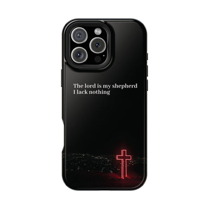 Christian Phone Case — “The Lord Is My Shepherd I Lack Nothing” Neon Cross Magnetic Impact Case