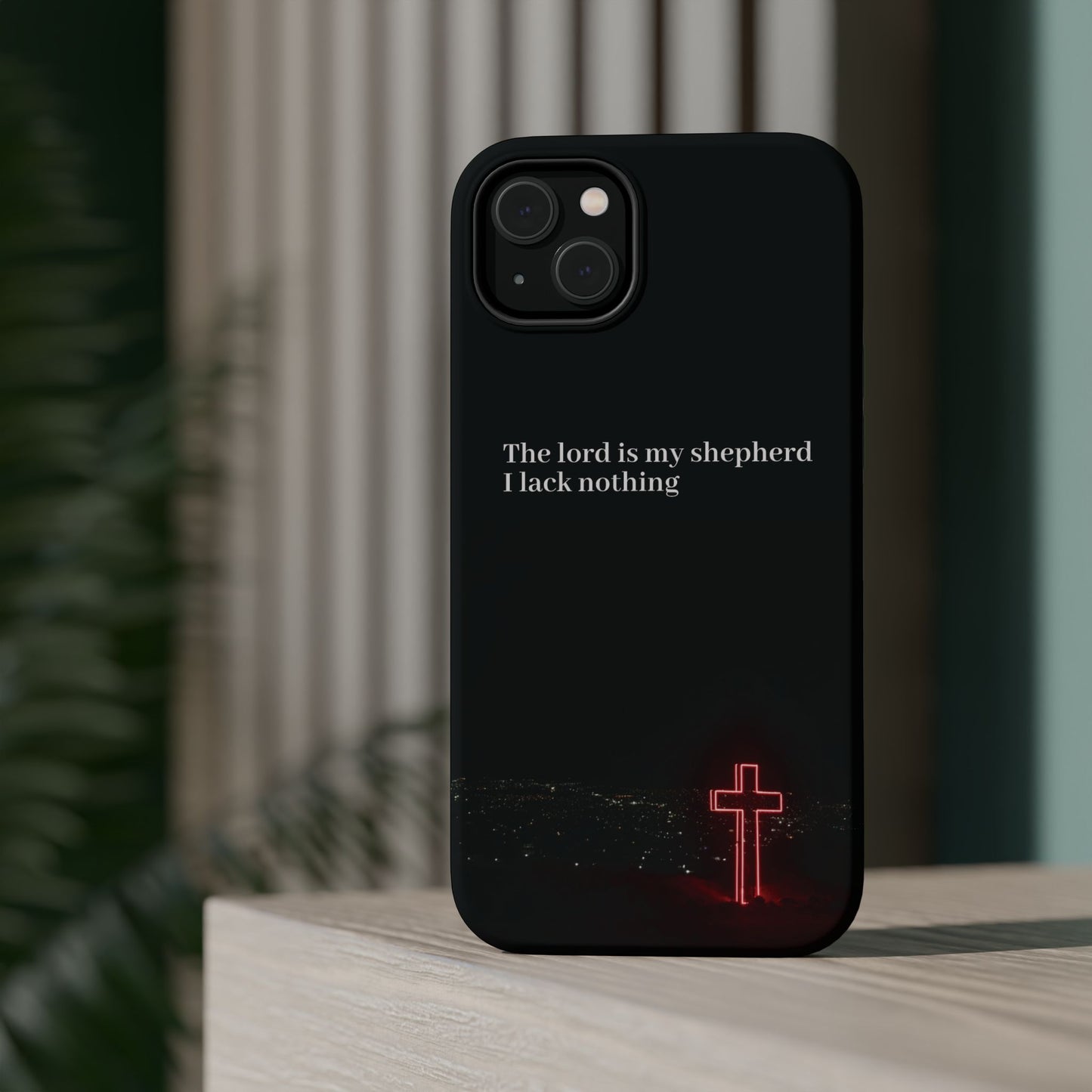 Christian Phone Case — “The Lord Is My Shepherd I Lack Nothing” Neon Cross Magnetic Impact Case