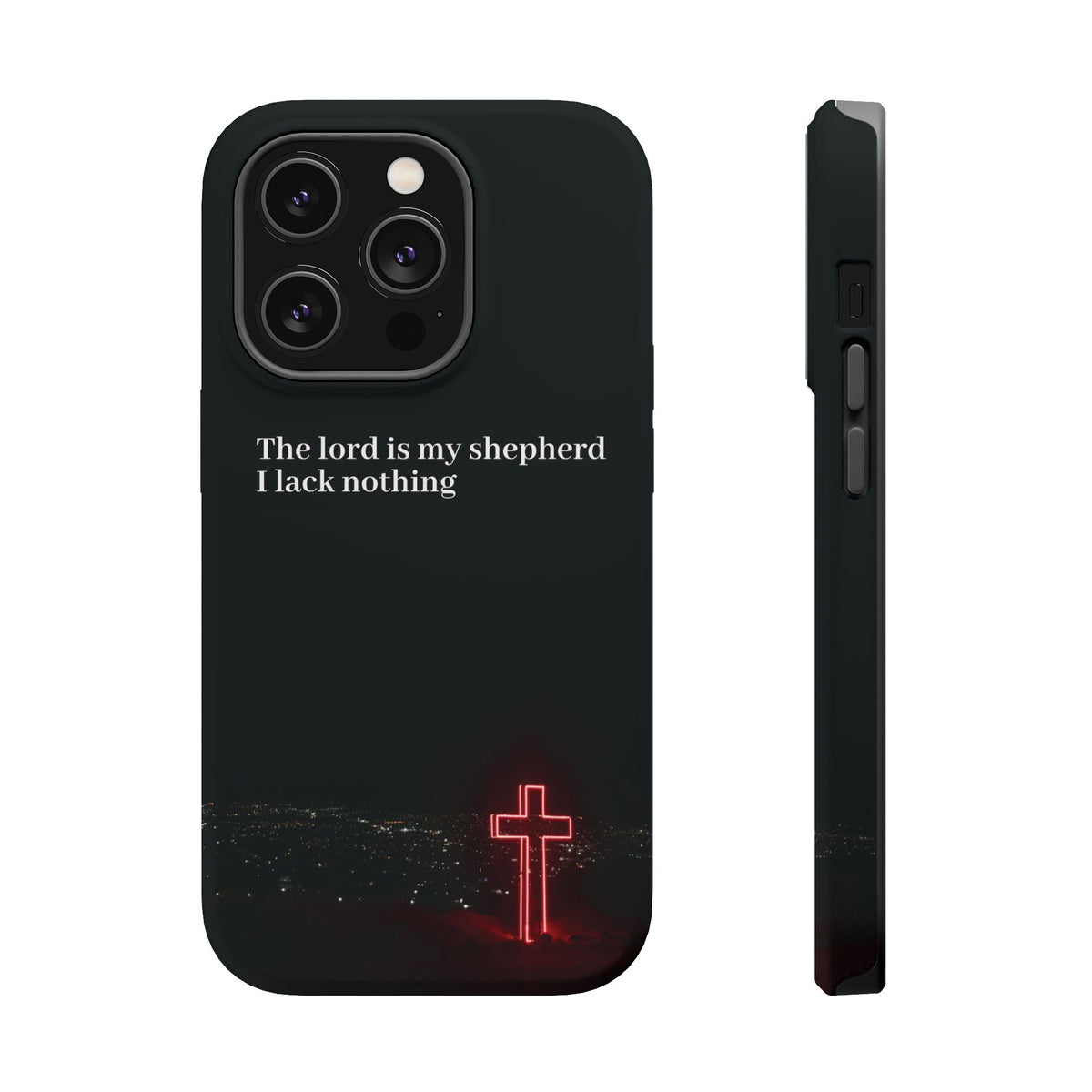 Christian Phone Case — “The Lord Is My Shepherd I Lack Nothing” Neon Cross Magnetic Impact Case