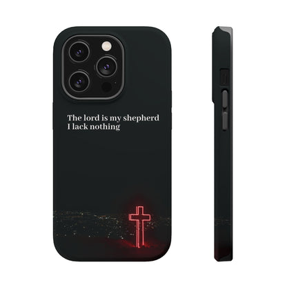 Christian Phone Case — “The Lord Is My Shepherd I Lack Nothing” Neon Cross Magnetic Impact Case