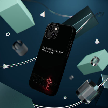 Christian Phone Case — “The Lord Is My Shepherd I Lack Nothing” Neon Cross Magnetic Impact Case