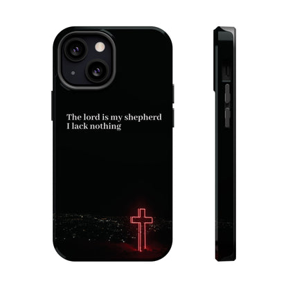 Christian Phone Case — “The Lord Is My Shepherd I Lack Nothing” Neon Cross Magnetic Impact Case