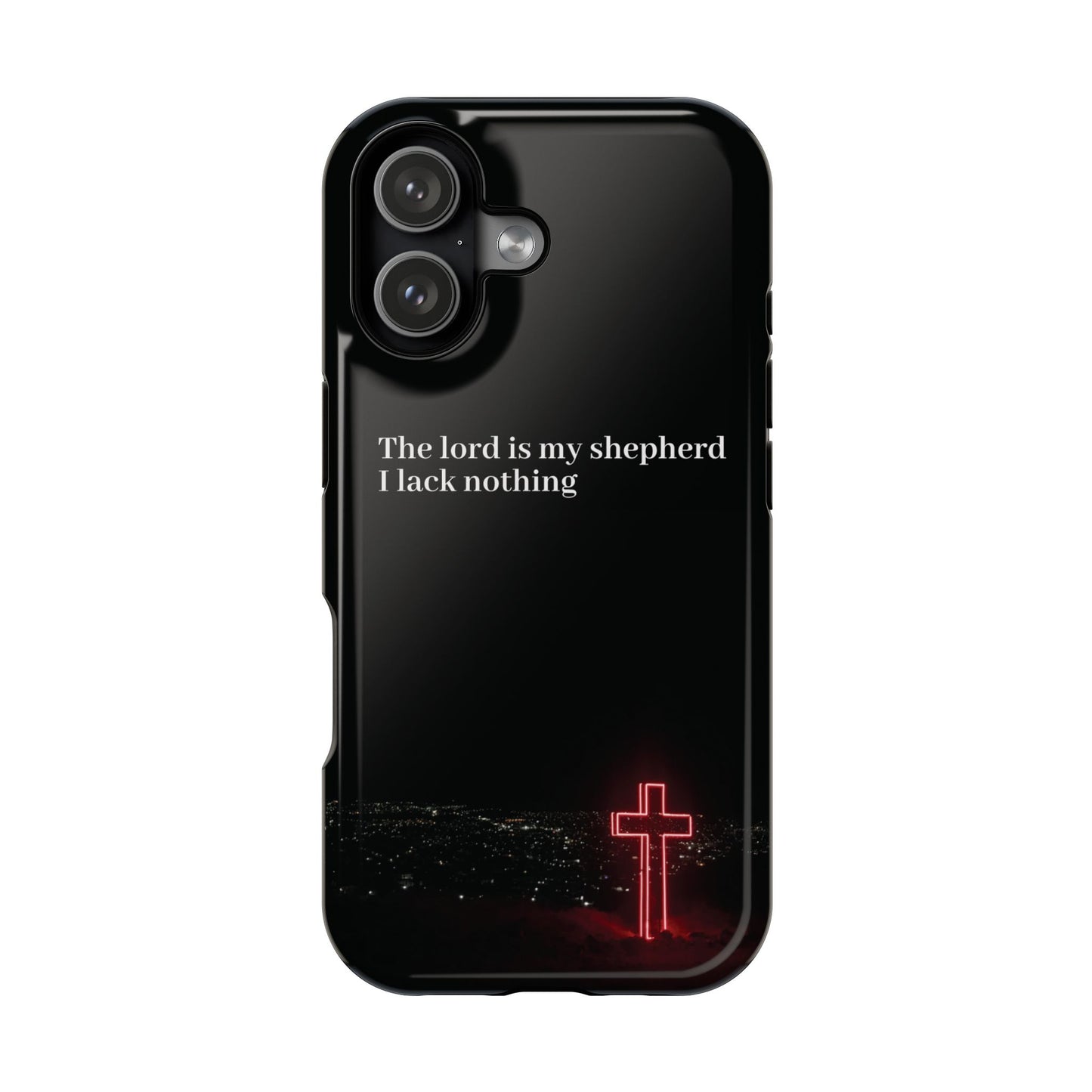 Christian Phone Case — “The Lord Is My Shepherd I Lack Nothing” Neon Cross Magnetic Impact Case