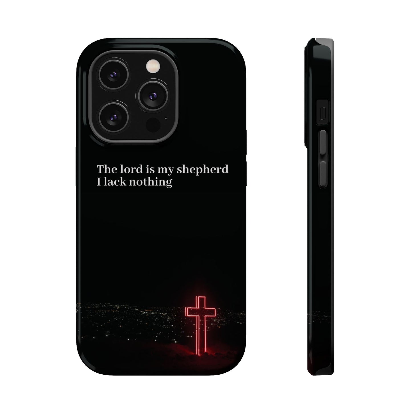 Christian Phone Case — “The Lord Is My Shepherd I Lack Nothing” Neon Cross Magnetic Impact Case