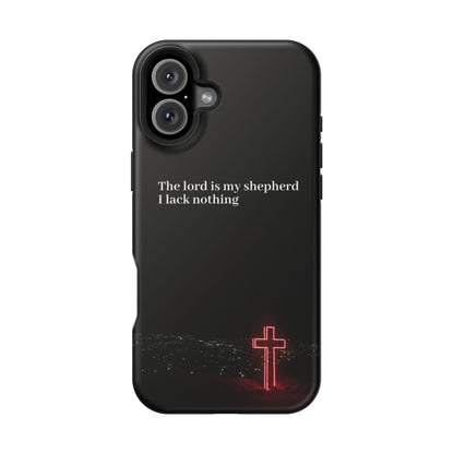 Christian Phone Case — “The Lord Is My Shepherd I Lack Nothing” Neon Cross Magnetic Impact Case