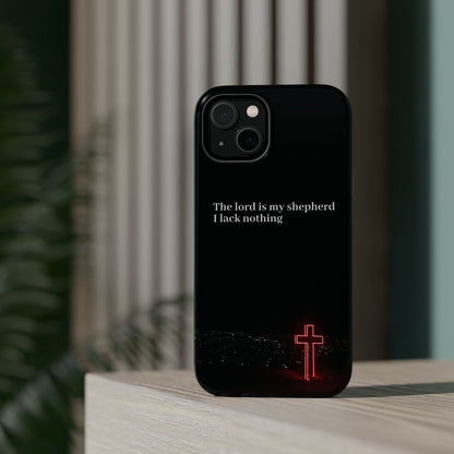 Christian Phone Case — “The Lord Is My Shepherd I Lack Nothing” Neon Cross Magnetic Impact Case